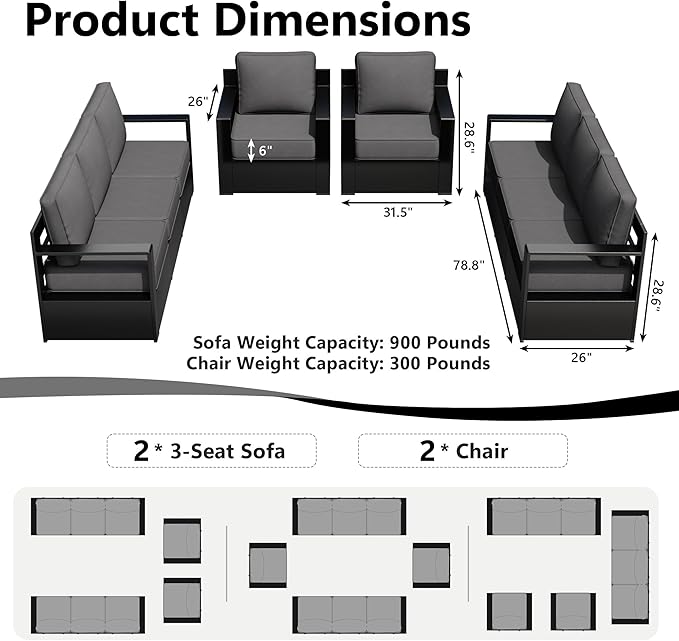 Outdoor Patio Furniture Set, 4-Piece Aluminum Patio Conversation Set All-Weather Metal Outdoor Sectional with 6 Inch Thick Cushions, Deep Setting for Garden, Outside and Porch