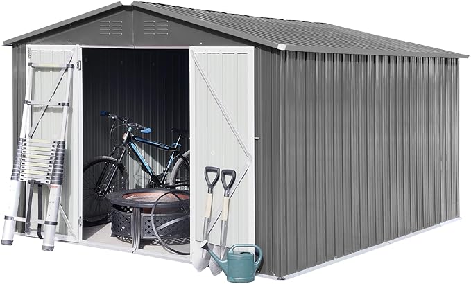 10x12 FT Metal Outdoor Storage Shed & Double Hinged Large Door - Heavy-Duty Shed with Floor, Lockable & Ventilation - Rainproof Windproof Large Utility Garden Shed for Backyard Patio Lawn - Light Gray
