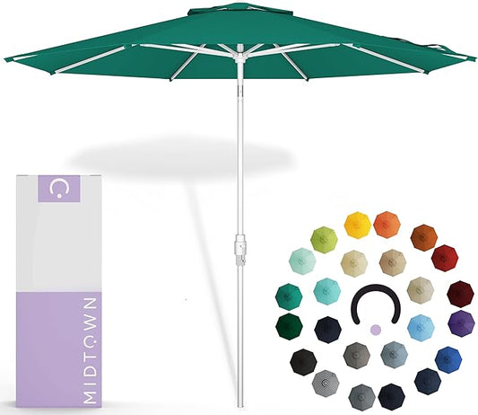 Midtown Umbrellas The Swilt 9 Feet Patio Umbrella in Sunbrella Canvas Teal Acrylic Fabric - Fiberglass Ribs, Auto-Tilt Aluminum Frame For Backyard, Deck, Garden, Pool - White Pole