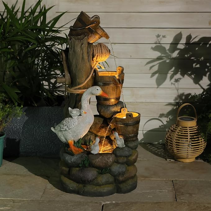 4-Tiers Cascading Outdoor Water Fountain, 31.9'' Tall Duck & Wooden Bucket Stump Waterfall Garden Fountains with LED Lights & Pump Water Feature Resin for Patio, Deck, Yard, Home Decor