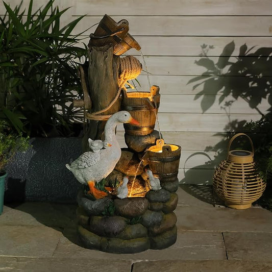 4-Tiers Cascading Outdoor Water Fountain, 31.9'' Tall Duck & Wooden Bucket Stump Waterfall Garden Fountains with LED Lights & Pump Water Feature Resin for Patio, Deck, Yard, Home Decor