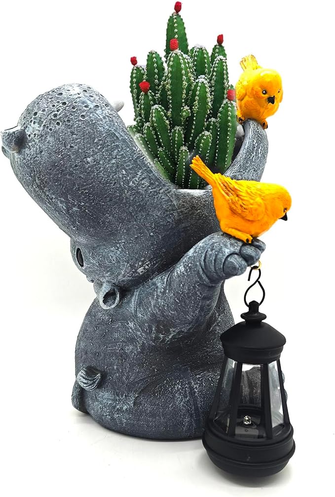 Large Hippo Solar Garden Outdoor Statues Hippo Planter Flowers Vase for Fresh/Artificial Hippo Figurine Garden Statue with Solar Lantern Bird Statue Hippo Gifts Housewarming Gift
