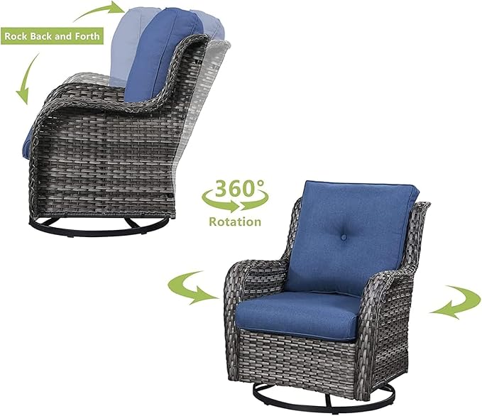 HUMMUH 3-Piece Swivel Rocking Rattan Chair Outdoor, Patio Bistro Furniture Conversation Set,Cushioned Wicker Chair with Glass Coffee Table(Grey, Blue)