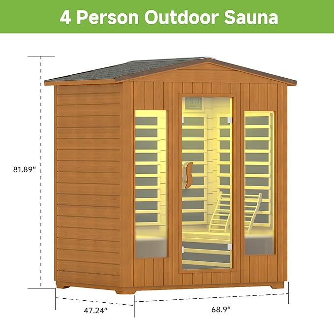 Springspa Outdoor Sauna 4 Person, Infrared Sauna for Home, Wooden Outdoor Saunas Room, 3400 Low EMF Far Infrared with Bluetooth, LCD Panel, 7 Color Chromotherapy Lamp, Reading Lamp