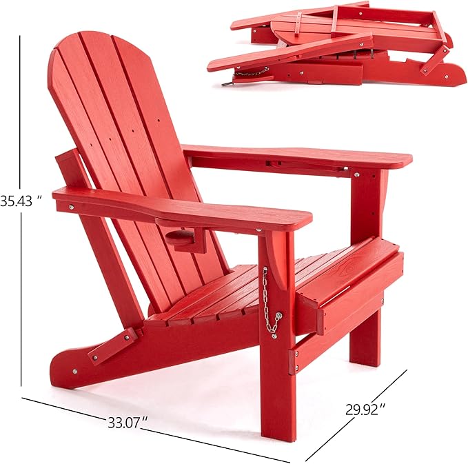 Folding Adirondack Chair, HDPE Outdoor Texture Lawn Chair with Reclining Back, Cup and Phone Holder - Comfortable Firepit Chair Weather Resistant for Patio or Backyard (Red, Set of 1)