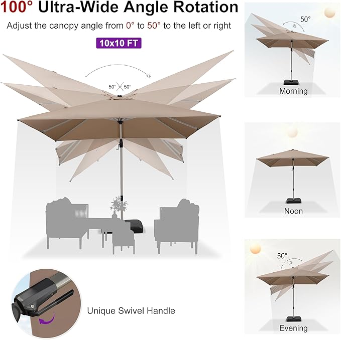 PURPLE LEAF 10' X 10' Left-right Tilting Patio Umbrella Outdoor Swivel Cantilever Umbrella Aluminum Offset Umbrella with Champagne Frame and 360-degree Rotation for Garden Deck Pool, Taupe