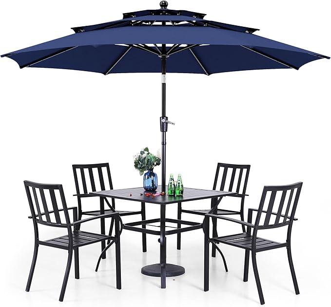 PHI VILLA 5 Piece Outdoor Dining Set with 10ft Umbrella, 37" Square Metal Dining Table & 4 Stacking Metal Chair with 3 Tier Navy Umbrella for Patio, Deck, Yard, Porch