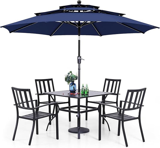 PHI VILLA 5 Piece Outdoor Dining Set with 10ft Umbrella, 37" Square Metal Dining Table & 4 Stacking Metal Chair with 3 Tier Navy Umbrella for Patio, Deck, Yard, Porch