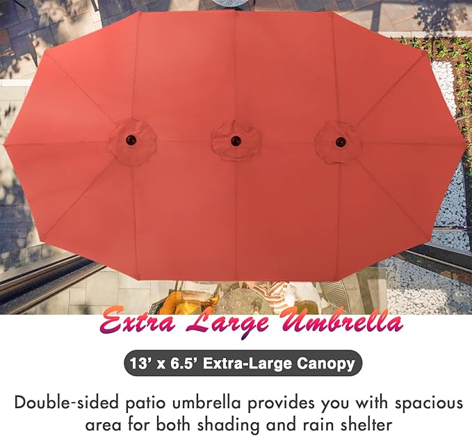 PHI VILLA 7 Pieces Patio Dining Set for 6 with 13ft Large Patio Umbrella, Metal Outdoor Stackable Wrought Iron Chair Set of 6 & 60"X38" Metal Dining Table,Market Table Orange Red Umbrella