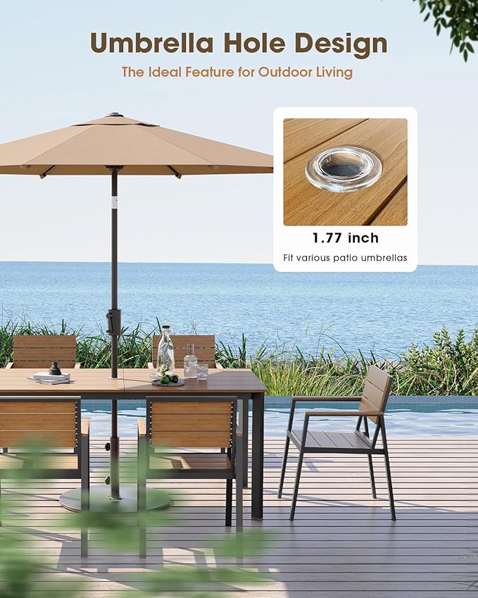 Outdoor Patio Dining Sets, Aluminum&HDPE 5 Piece Dining Table Set with Umbrella Hole, Modern Rectangular Patio Furniture Set with All-Weather Table and 4 Chairs (Gray & Teak)