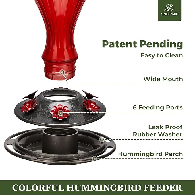 Kingsyard 2 Pack Glass Hummingbird Feeder 24 Ounces, 6 Feeding Ports, Hanging Bird Nectar Feeder for Outdoors Garden Yard Décor, Ant Moat Included, Red