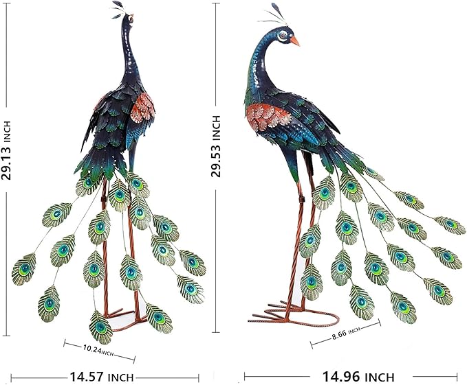 chisheen Garden Decor Outdoor Statues, Metal Peacock Decor for Outside, Garden Art Sculptures Standing for Patio Yard Lawn Home Decorations, Set of 2