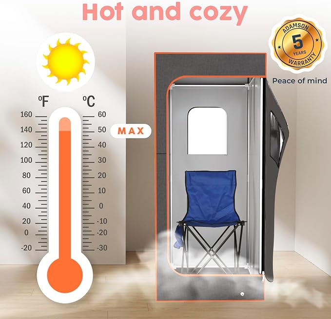 Adamson Full Size Portable Steam Sauna - Indoor Sauna Tent for Home Spa Relaxation + Boost Health and Recovery + 2.6L 1000W Steamer + Chair + Remote + Foot Massager - New - Nylon Orange