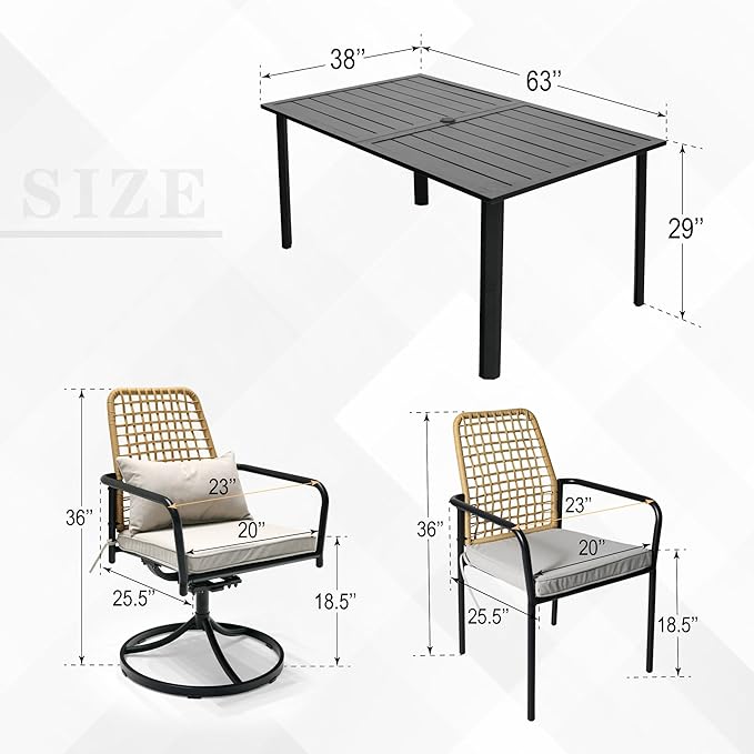7 Pieces Rattan Patio Swivel Chairs, Stackable Chairs and 63"x38" Rectangle Table Set