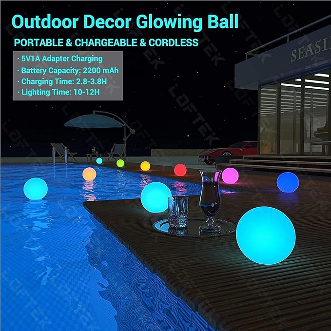 LOFTEK Pool LED Light Ball - 12-inch Sphere Lamp Rechargeable - 16 RGB Cool Lamp for Bedroom Ambient Lighting - Smart Night Light for Baby Nursery - Waterproof Light for Yard & Pool Decor, 1PCS