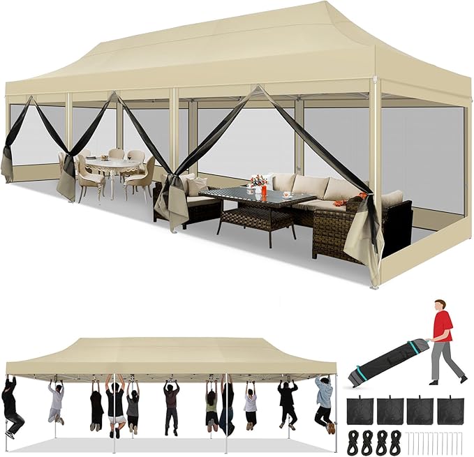 COBIZI 10x30 Heavy Duty Pop Up Canopy Tent with 8 Sidewalls, Commercial Gazebo Party Tent with Mosquito Netting Wall Easy Set Up Outdoor Instant Screen Tent for Backyard, Patio, Garden, Khaki