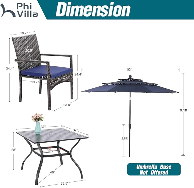 PHI VILLA 5 Piece Outdoor Dining Set with Umbrella, 37" Square Metal Dining Table & Cushioned Rattan Chairs with 10ft Blue Umbrella for Patio, Deck, Yard, Porch