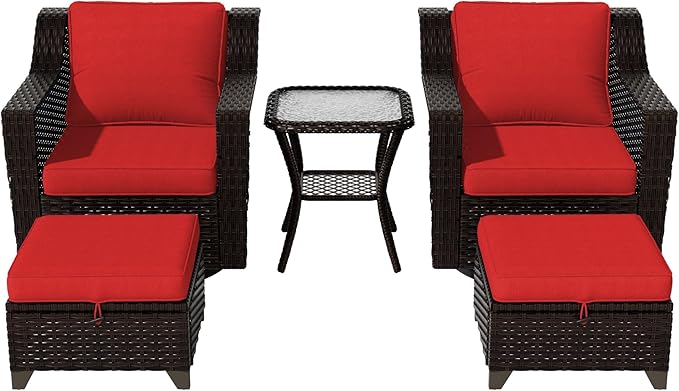 Vista Vibe 5 Pieces Outdoor Rattan Patio Conversation Furniture Set - 360 Degree Swivel Glider Rocker Chairs | Coffee Table | 2 Wicker Ottomans, Premium & Washable Cushions, Terrace (Brown/Red)