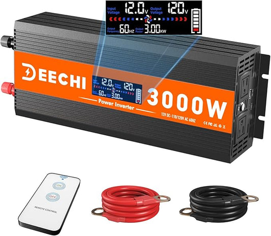 3000 Watt Power Inverter Car/Home 12V DC to 110V/120V AC Converter with 2 AC Outlets, USB & Type-C Port Car Inverter Peak Power 6000W for RV,Truck,Off-Grid Solar System with Remote Controller-Orange