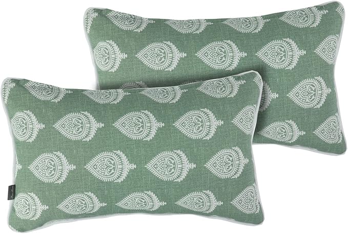 FUNHOME Set of 2 Patio Lumbar Pillows with Insert, 12”x20” Water-Repellent Outdoor Lumbar Pillow, Decorative Garden All Weather Lumbar Cushions for Home Patio Coach Sofa Use-Fair Green