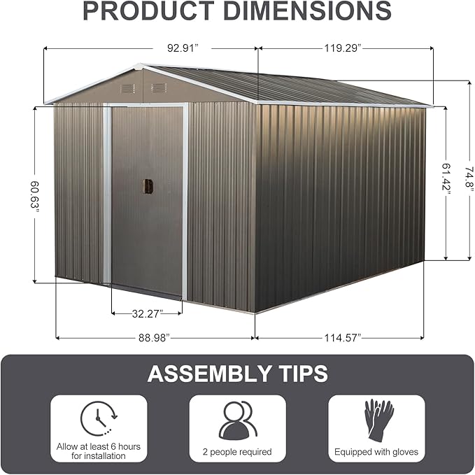 10 x 8 FT Outdoor Storage Shed, Metal Garden Shed with Floor Frame, Large Tool Shed Outdoor Storage with Lockable Sliding Doors & Air Vents, Storage House Waterproof for Backyard, Lawn, Gray
