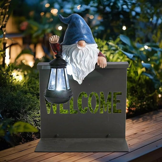 Garden Gnome Statues Outdoor Decor, Solar Gnome Sculpture Holding Lanterns Garden Gnomes Outdoor Decorations with Welcome Fence Base for Patio, Lawn, Yard Ornaments, Housewarming Gifts