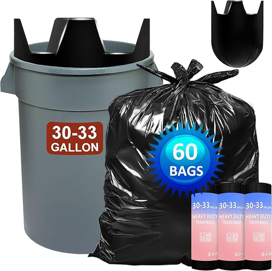 30-33 Gallon 1.1 Mil Heavy Duty Trash Bags 60 Count with 4 Innovative Flap Ties | Compatible with Rubbermaid Brute & Winco & Behrens 30-33 Gallon Round Trash Can | Tear & Leak Resistant Black