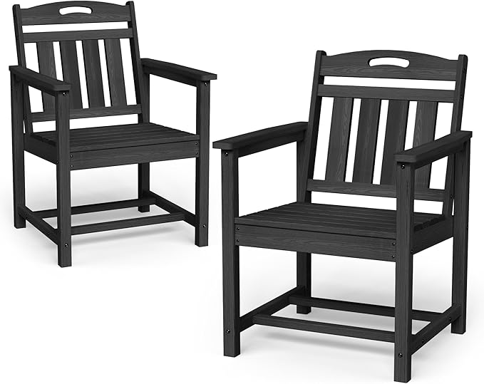 Set of 2 Weatherproof Patio Chairs - HDPE Outdoor Dining Chairs with Wide Seat, Ergonomic Design - for Garden, Backyard, Deck - Black