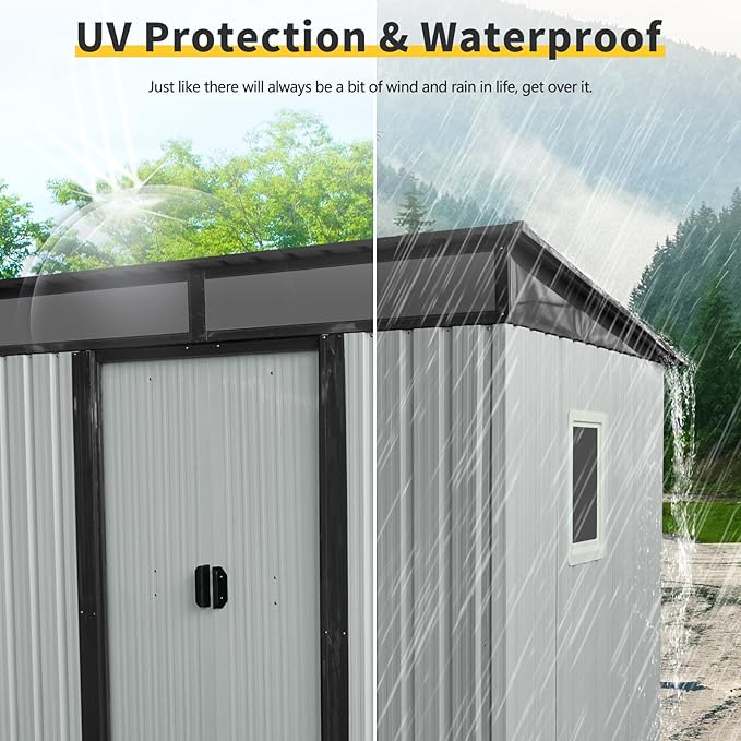 6X5 FT Outdoor Storage Shed, Waterproof Metal Garden Sheds with Lockable Door, Steel Tool Storage Buildings Shed & Outdoor Storage House for Garden, Backyard, Patio, Lawn, Trash Cans(White + Black)