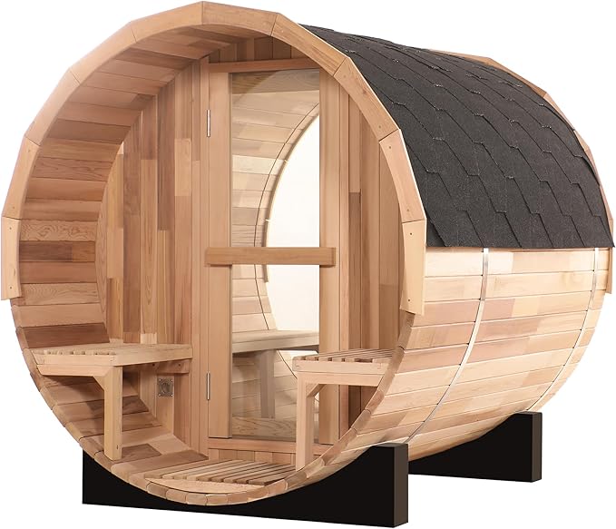 Fully Customize Barrel Sauna 4-8 Person, Hybrid Heating Option, Canadian Red Cedar, Glass Window Option, Scenic Porch, Wood Burning Stove,Harvia Heaters, Infrared Sauna,Red Light Therapy Device
