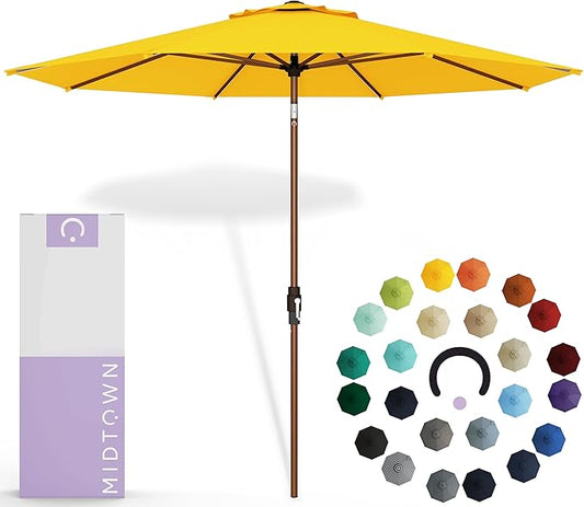 Midtown Umbrellas Sunbrella Umbrella Outdoor Patio Umbrella 2-9 Feet in Sunbrella Yellow Acrylic Fabric, Auto-Tilt Aluminum Frame For Backyard Umbrella, Deck Umbrella & Porch Umbrella - Wooden Pole