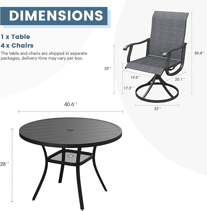 DIFY 5 Pieces Outdoor Patio Dining Set, 4 Dark Grey Textilene Swivel Dining Chairs and 40.6" Black Round Dining Table, Metal Outdoor Table and Chairs