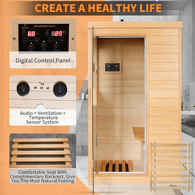 Far Infrared Sauna Home Sauna Indoor Sauna for One Person, Mini Dry Sauna with Low EMF 800W/110V Saunas Room,Inteligency Control Panel,Time and Temp Pre-Set,Canadian Hemlock Wood