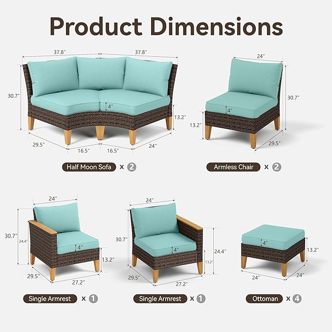 GREEN PARTY 12 Pieces Wicker Patio Furniture Set, All-Weather Outdoor Rattan Half-Moon Curved Patio Sectional Sofa Conversation Set with 4" Thick Cushions for Garden, Backyard, 2 x Ottomans (Blue)