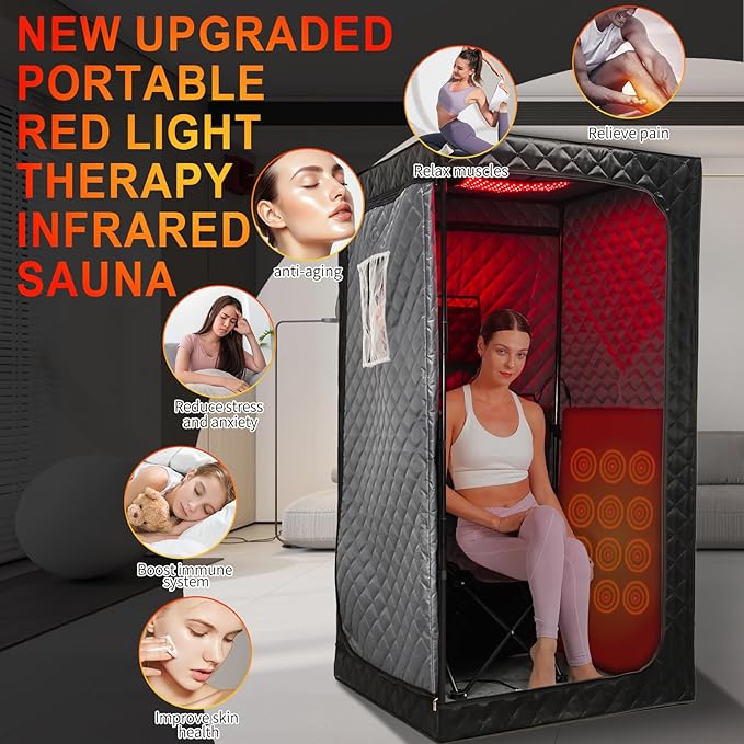 Full Size Portable Infrared Home Sauna, Upgraded Personal Sauna Box with 660nm Red Light Therapy Lamp, Separate Heating Foot Pad and Portable Chair for Relaxation Detox