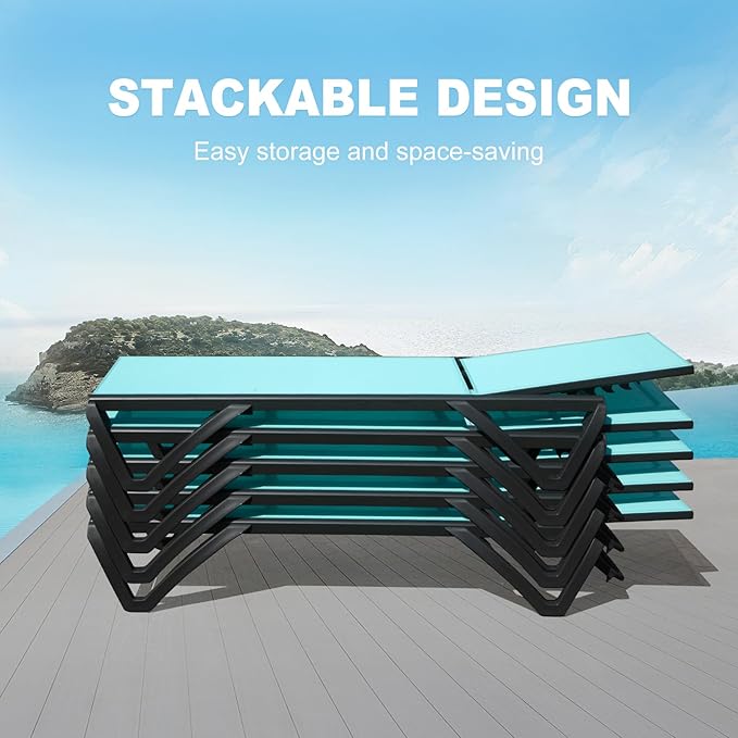 Domi Pool Lounge Chairs, Aluminum Patio Chaise Lounge with Side Table, 5 Position Adjustable Backrest and Wheels, All Weather Outdoor Lounge Chairs for Beach, Yard, Balcony, Poolside, Turquoise Blue