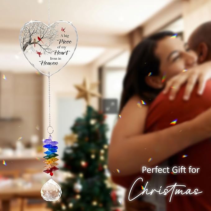 Glass Suncatcher Ornament - A Big Piece of My Heart Lives in Heaven - Sympathy Gifts for Loss of Loved Ones - Christmas Tree Remembrance Hanging Pendant - Crystal Rainbow Maker