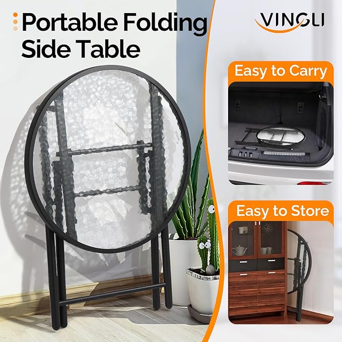 VINGLI Folding Glass Outdoor Side Table, 18 Inches Small Foldable Patio Bistro Table with Tempered Glass Table Top for Lawn & Garden, Balcony, Porch and Pool, Round