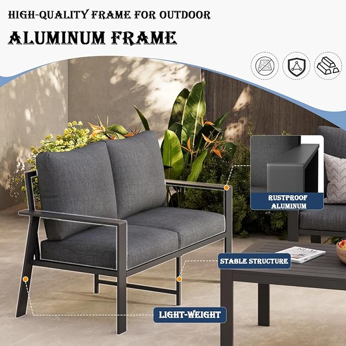 Aluminum Patio Furniture Chair, Outdoor Seating Set 4" Cushion Loveseat Sofa for Balcony