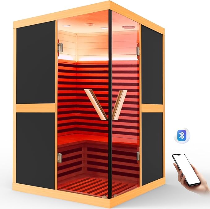 Far Infrared Sauna 2 Person Home Sauna Two Person Sauna 1980W/110V Low EMF Canadian Hemlock Wood Indoor Dry Sauna, With LCD Control Panel/APP/LED lights/Speaker/Grey Glass Door - 47.2*47.2*75.6 IN
