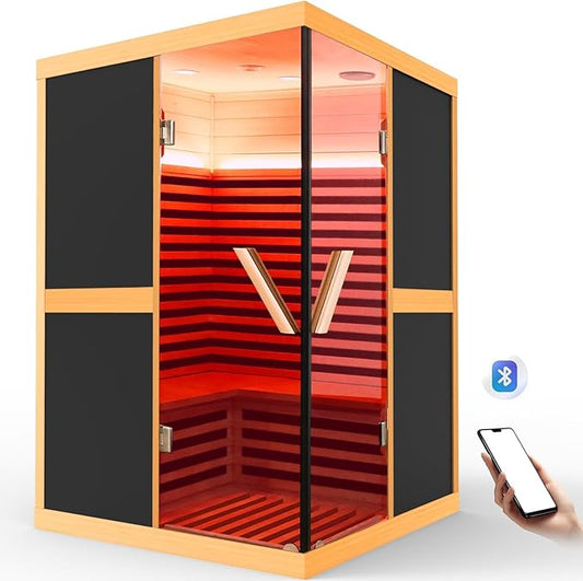 Far Infrared Sauna 2 Person Home Sauna Two Person Sauna 1980W/110V Low EMF Canadian Hemlock Wood Indoor Dry Sauna, With LCD Control Panel/APP/LED lights/Speaker/Grey Glass Door - 47.2*47.2*75.6 IN