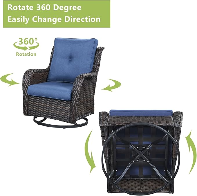 Rilyson 6 Piece Outdoor Patio Furniture Set - Rattan Wicker Patio Conversation Sets with 2 Swivel Rocker Chairs,2 Ottomans,1 Sofa and 1 Coffee Table for Outside Porch Deck Backyard(Brown/Blue)