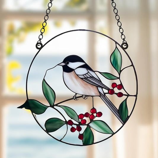 Chickadee Bird Acrylic Suncatcher Stained Glass Effect Window Car Hanging Christmas Ornament Indoor Outdoor Decor Garden Sun Catcher Panel Gifts for Bird Lover for Women Mom Grandma