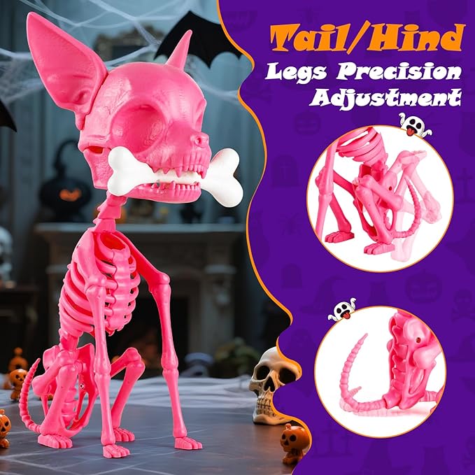Quntis Halloween Skeleton Dog Decor - 15inch Pink Cute Puppy Bones - Realistic ABS Animal Skeleton for Outdoor Indoor Graveyard Party Display, 2025 Showstopper Halloween Decorations