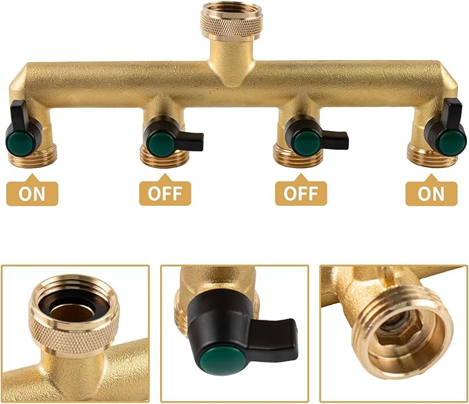 Heavy Duty Solid Brass 4 Way Hose T Tap Connection with 4 Individual On/Off Valve and Extended Handle, Garden Outdoor Pipe Tap Splitter