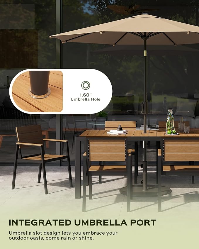Outdoor Dining Set, Patio Table and Chairs of 4, Aluminum Outdoor Furniture Set with Umbrella Hole, HDPS Patio Dining Table Set for 4 (Gray-Teak)