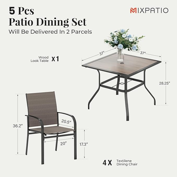 5 Pieces Patio Table and Chairs Set, 4 Person Outdoor Dining Furniture Set, 4 Brown Textilene Chairs and 37" Wood-Like Table Top Table with Umbrella Hole, for Deck Backyard Lawn