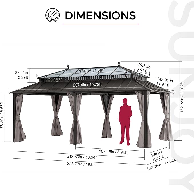 SUNJOY Kingston 20' x 12' Hardtop Gazebo with Galvanized Steel/Polycarbonate Double Roof, Curtain and Netting, Brown Aluminum Posts Permanent Pavilion Gazebo for Garden, Patio, Deck, Lawn