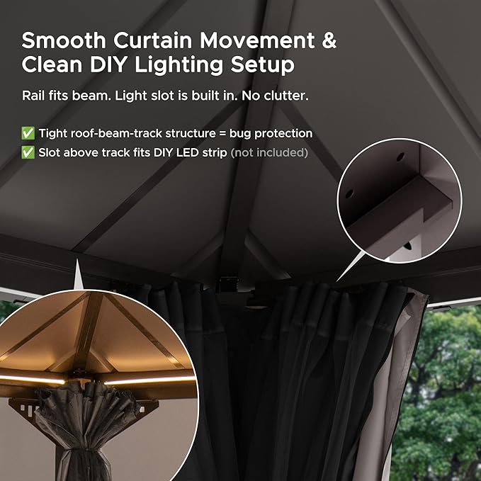 SUNJOY Kingston 16' x 12' Hardtop Gazebo with Galvanized Steel/Polycarbonate Double Roof, Curtain and Netting, Brown Aluminum Posts Permanent Pavilion Gazebo for Garden, Patio, Deck, Lawn