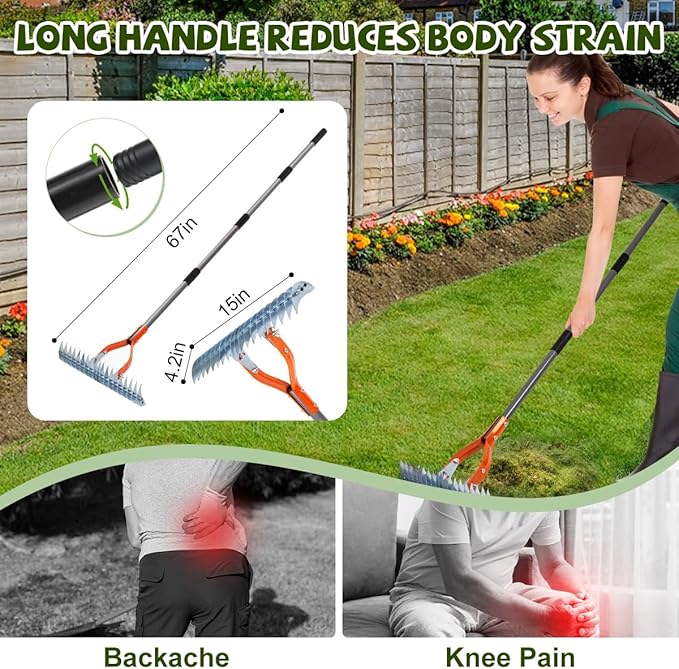 Thatch Rake for Lawn - 40" to 70" Adjustable Dethatching Rake, Heavy Duty Metal Thatching Tool for Turf Garden Maintenance